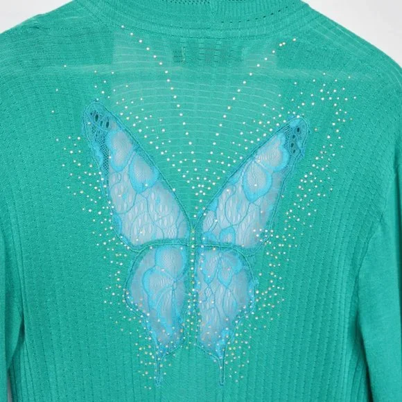 Y2K Rhinestone Butterfly Lace Turquoise Ribbed Cardigan - Picture 3 of 5